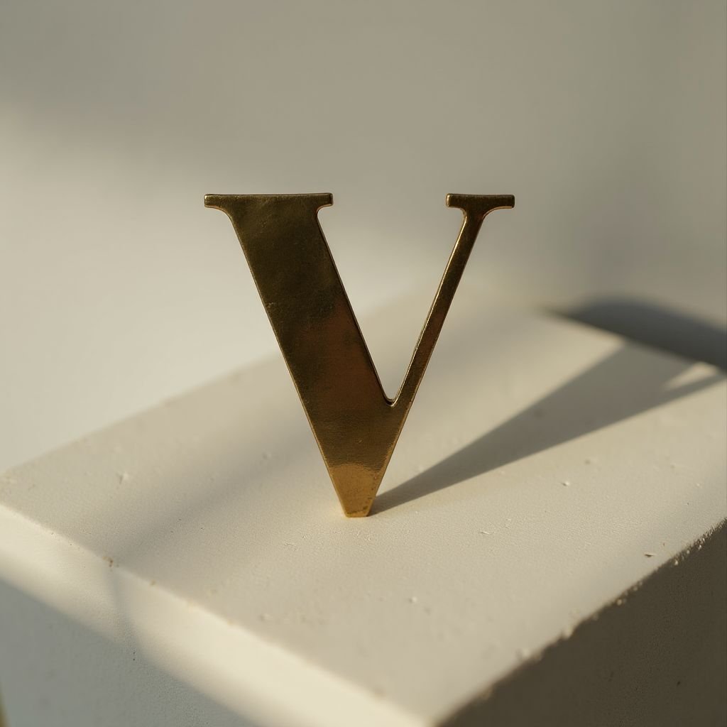 The brass V on a plaster block under hard side light.