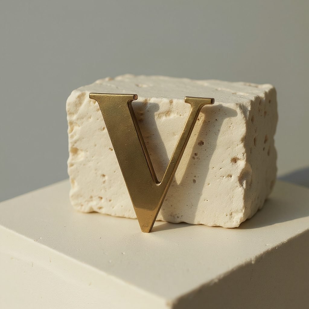The brass V resting on a block of pale stone.