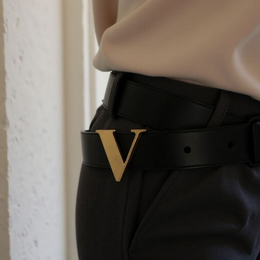 A brass V buckle on a black belt, worn at the hip.